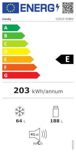 Candy CCG1S 518EX Frigorífico Combi, Ancho 55cm, Altura 1,80m, Capacidad 252L, Cajón Verdulero, Control Mecánico de la temperatura, Iluminación LED, Puerta Reversible, 41DB, Inox