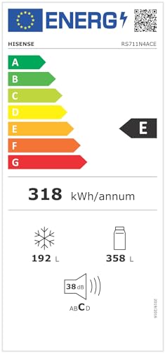 Hisense RS711N4ACE- Frigorífico Side by Side, Capacidad 547 L con 178.6 cm Alto, No Frost, Super Freeze, Alarma de Puerta Abierta, Modo Vacaciones, Freezer Convert, Bajo Nivel de Ruido ,Clase E, Inox