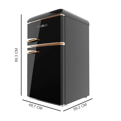 Cecotec Nevera Pequeña Frigorífico 2 Puertas Retro 86L Bolero CoolMarket 2D Origin 86 Black E. 89,3cm de Alto y 48,7cm de Ancho, Clase Energética E, Icebox, Luz Interior y Tirador Cromado, Negro