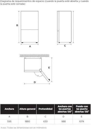Midea Frigorífico Combi No Frost | 60 cm ancho x 188 alto cm | Inox | Nevera libre instalación 224 L + 86 L Congelador - Refrigerador de bajo consumo con congelador vertical