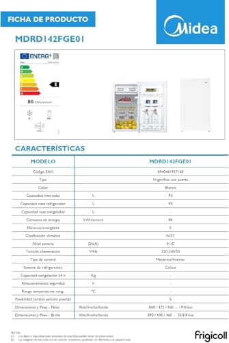 Midea Nevera Pequeña 93L - Mini Frigorífico Compacto para Hogar y Oficina - Frigorífico Pequeño Bajo Consumo Sin Congelador - Mini Bar Silencioso para Caravana y Camping con Zona fría de 0º/-3º