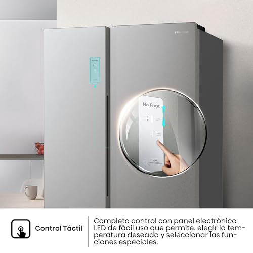 Hisense RS711N4ACE- Frigorífico Side by Side, Capacidad 547 L con 178.6 cm Alto, No Frost, Super Freeze, Alarma de Puerta Abierta, Modo Vacaciones, Freezer Convert, Bajo Nivel de Ruido ,Clase E, Inox