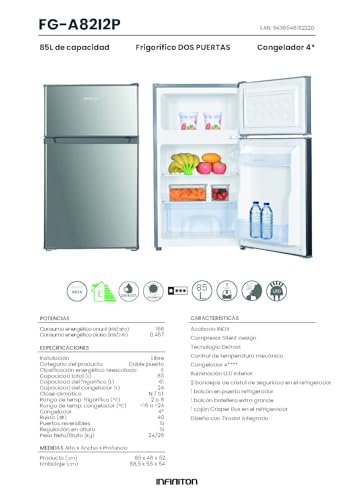 INFINITON | Frigorifico FG-A82I2P | Dos Puertas | Capacidad 85 L | Descongelación DEFROST | Alto 85 Cm | Clase Energética A+ /F | Temperatura Regulable | Color Inox |