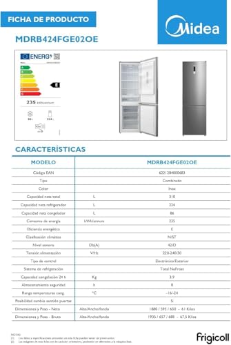 Midea Frigorífico Combi No Frost | 60 cm ancho x 188 alto cm | Inox | Nevera libre instalación 224 L + 86 L Congelador - Refrigerador de bajo consumo con congelador vertical