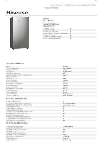 Hisense RS711N4ACE- Frigorífico Side by Side, Capacidad 547 L con 178.6 cm Alto, No Frost, Super Freeze, Alarma de Puerta Abierta, Modo Vacaciones, Freezer Convert, Bajo Nivel de Ruido ,Clase E, Inox