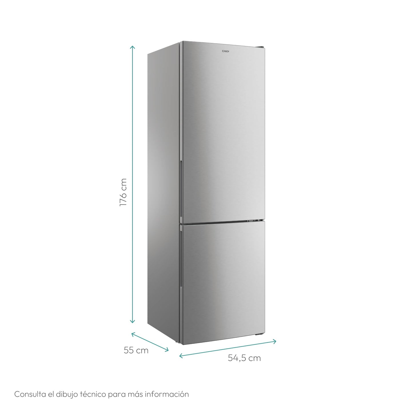 Candy CCT3L517ES, Frigorífico Combi, 55CM, Altura 1,77m, 260L, Low Frost, Función SuperCool, Cajón Verdulero, Control electrónico interno, LED, Puertas Reversibles, 39DB, Silver