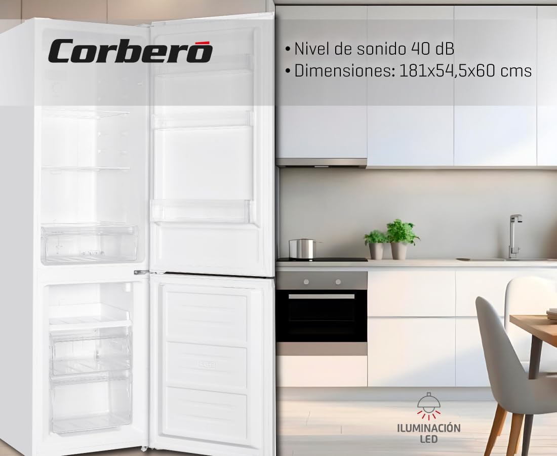 Corbero - Frigorífico Combi No Frost | CCH18024X | 253L | 60x54,5x181 | Luz LED | Crisper | Estantes de Cristal | 40 Db | Blanco