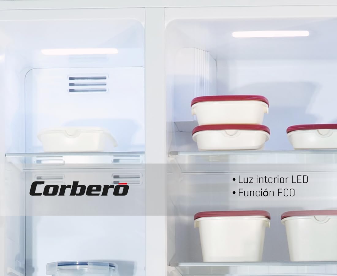 Corbero - Frigorífico Americano CFSBSH634NFW | 442LNo Frost | Inverter | Display en Puerta | Luz LED | 2 Cajones | Función ECO | Estantes de Cristal | Silver Trim | 39 dB | Blanco