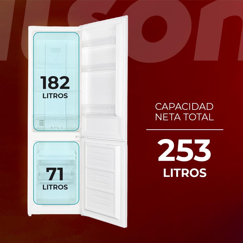 NILSON Frigorífico Combi Blanco, 2 Puertas. NC185500ENF, Capacidad 253 Litros, No Frost, Multi Air Flow, Bajo Nivel Sonoro, Puerta Reversible, Clasificación Energética E