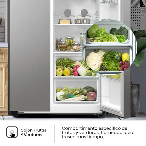 Hisense RS711N4ACE- Frigorífico Side by Side, Capacidad 547 L con 178.6 cm Alto, No Frost, Super Freeze, Alarma de Puerta Abierta, Modo Vacaciones, Freezer Convert, Bajo Nivel de Ruido ,Clase E, Inox