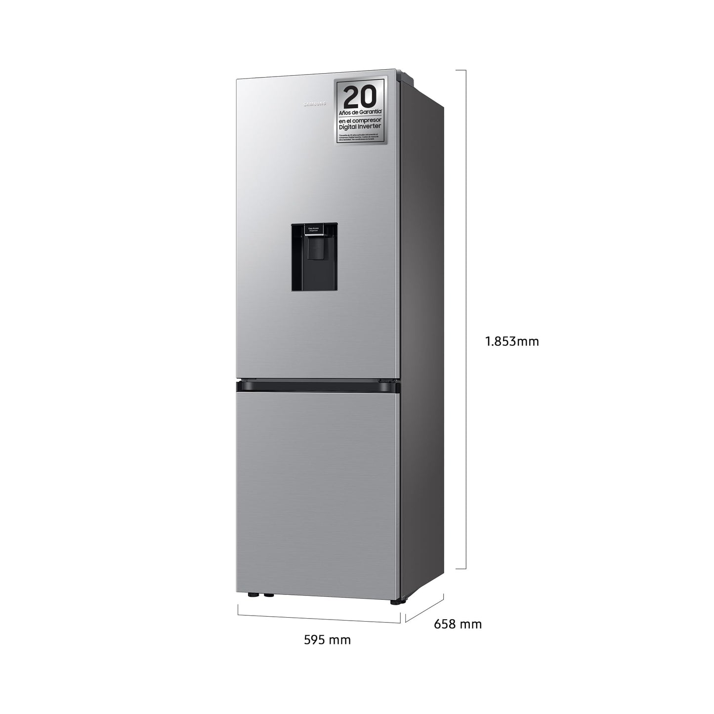 Samsung Frigorífico Combi IA 185.5cm Balda Botellero, Dispensador de agua 341L Clase D Plata RB34C632DSA/EF