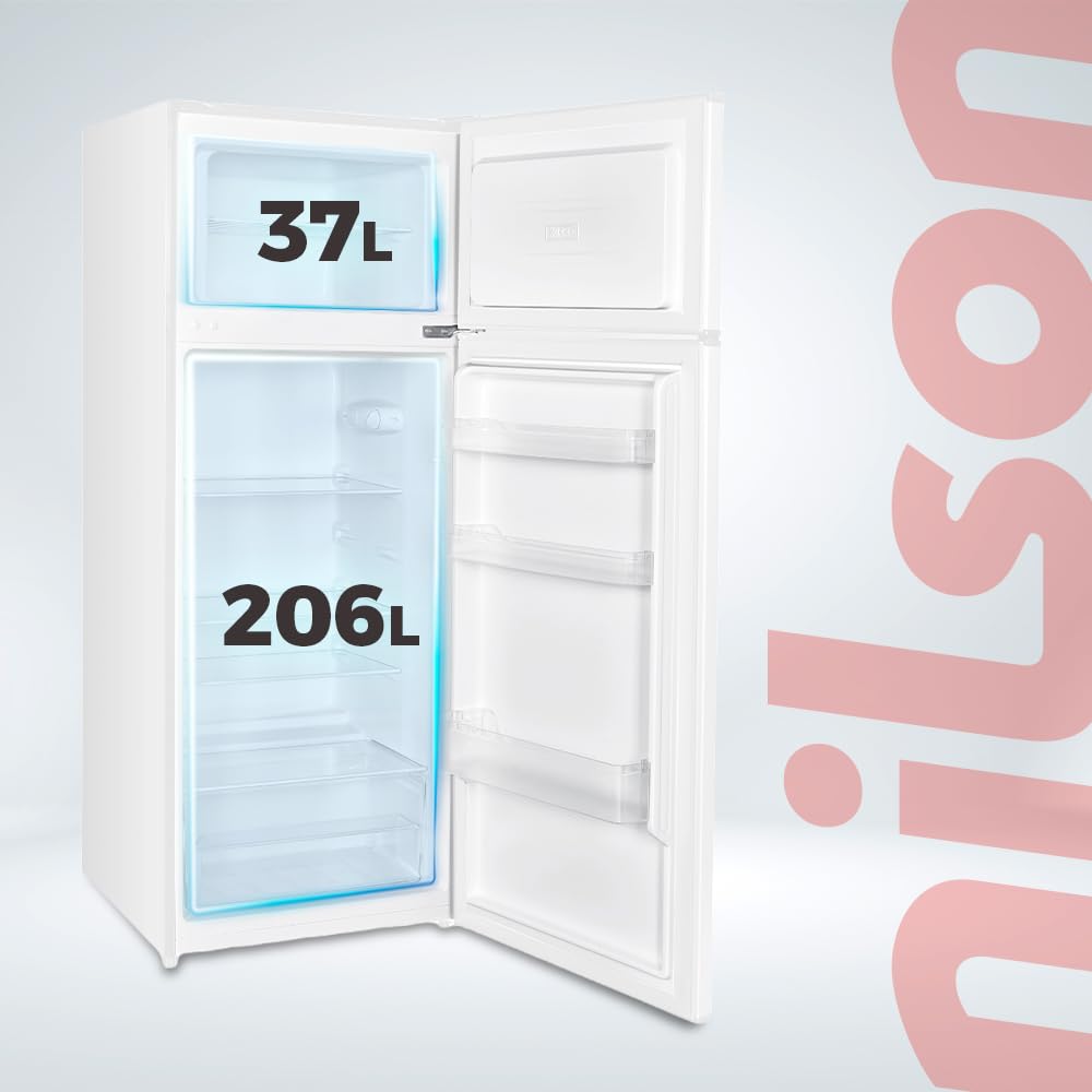 NILSON Frigorífico 2 Puertas Blanco NF145500E. Capacidad 206 Litros, Puerta Reversible, Bajo Nivel Sonoro, Eficiencia Energética Clase E
