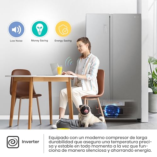 Hisense RS711N4ACE- Frigorífico Side by Side, Capacidad 547 L con 178.6 cm Alto, No Frost, Super Freeze, Alarma de Puerta Abierta, Modo Vacaciones, Freezer Convert, Bajo Nivel de Ruido ,Clase E, Inox
