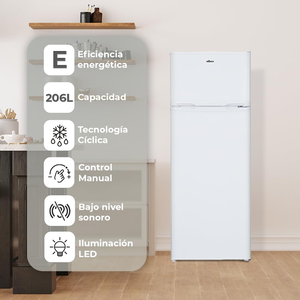 NILSON Frigorífico 2 Puertas Blanco NF145500E. Capacidad 206 Litros, Puerta Reversible, Bajo Nivel Sonoro, Eficiencia Energética Clase E