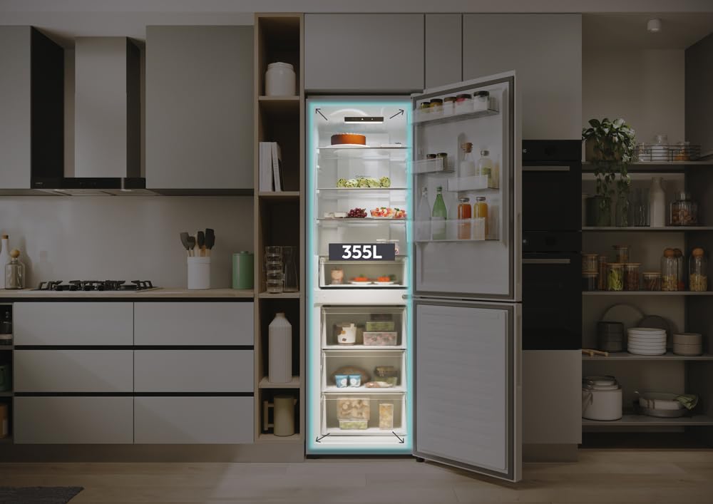 Candy Fresco 300 CNCQ2T618EW Frigorífico Combi, Capacidad 355L, Total No Frost Circle+, Cajón Verdulero, Control Electrónico de temperatura, 60x185cm, Iluminación LED, Puerta Reversible 38DB, Blanco