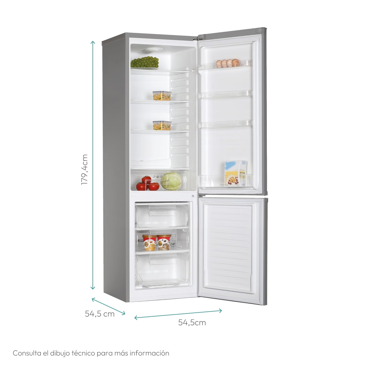 Candy CCG1S 518EX Frigorífico Combi, Ancho 55cm, Altura 1,80m, Capacidad 252L, Cajón Verdulero, Control Mecánico de la temperatura, Iluminación LED, Puerta Reversible, 41DB, Inox