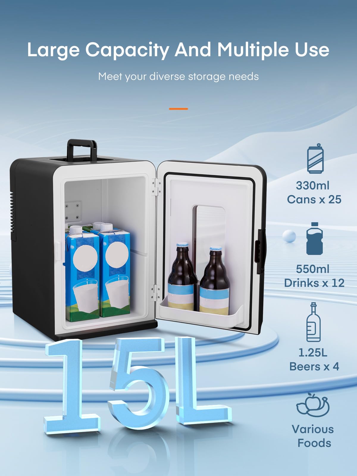 FOHERE Mini Nevera Portátil 15L Negro, 12V/220V, Función Frío y Calor, Bajo Ruido, Para Coche, Oficina y Cosméticos