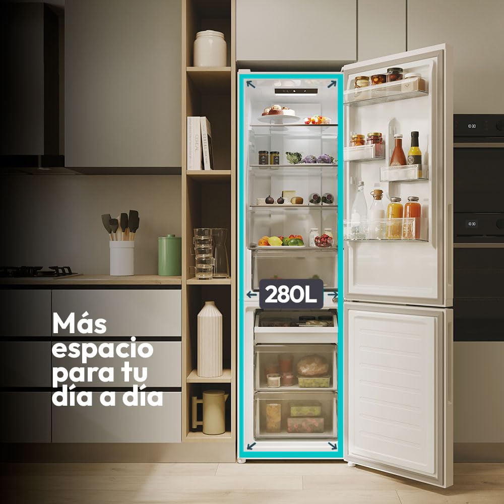 Candy City Fresco 300 CNCQ2T518EW, Frigorífico Combi, 280L, Ancho 55cm, Altura 182cm, Total No Frost Circle+, Cajón Verdulero, Control Interno Digital, Iluminación LED, Puerta Reversible, 37DB, Blanco