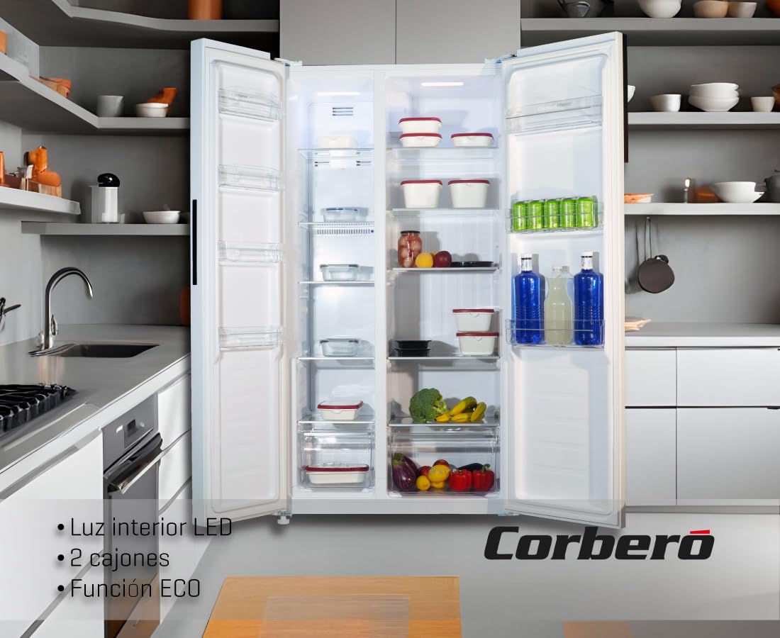 Corbero - Frigorífico Americano CFSBSH634NFW | 442LNo Frost | Inverter | Display en Puerta | Luz LED | 2 Cajones | Función ECO | Estantes de Cristal | Silver Trim | 39 dB | Blanco