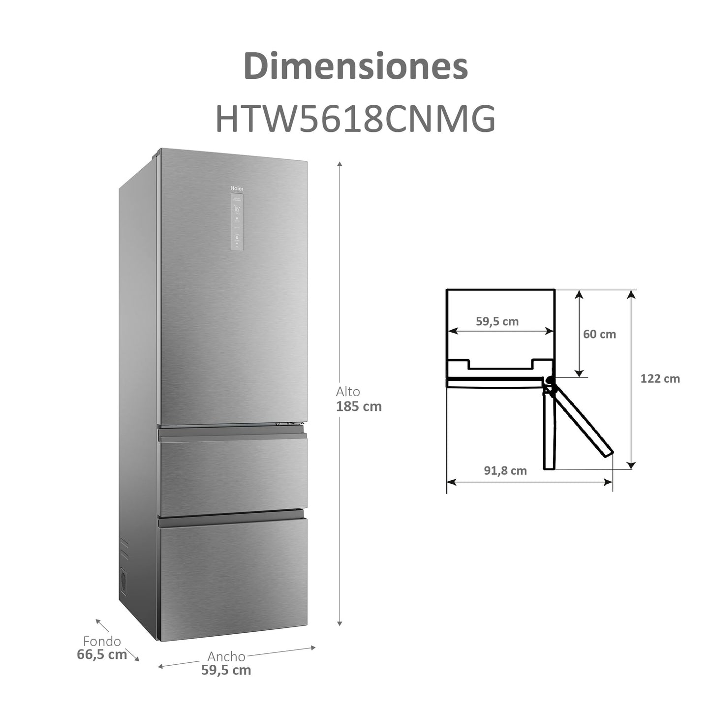 Haier 3D 60 Series 5 HTW5618CNMG - Frigorífico Combi, Cajones Direct Access, Circular AirFlow, WIFI, Tecnología ABT, Motor Inverter, My Zone, Humidity Zone, TotalNoFrost, An 60cm, 360L, Luz LED, Inox