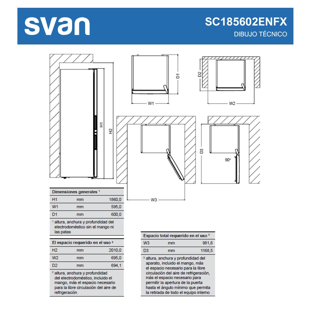 SVAN Frigorífico Combi 2 Puertas Inox SC185602ENFX. Capacidad 295 Litros, No Frost, Multi AirFlow, Puerta Reversible, Bajo Nivel Sonoro, Eficiencia Energética Clase E