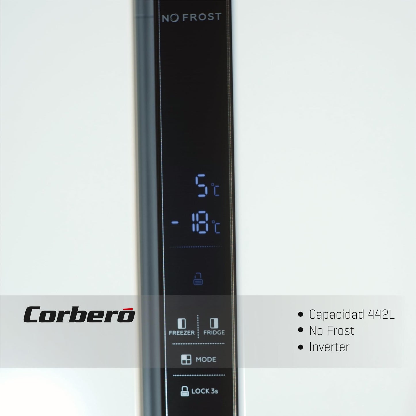Corbero - Frigorífico Americano CFSBSH634NFW | 442LNo Frost | Inverter | Display en Puerta | Luz LED | 2 Cajones | Función ECO | Estantes de Cristal | Silver Trim | 39 dB | Blanco