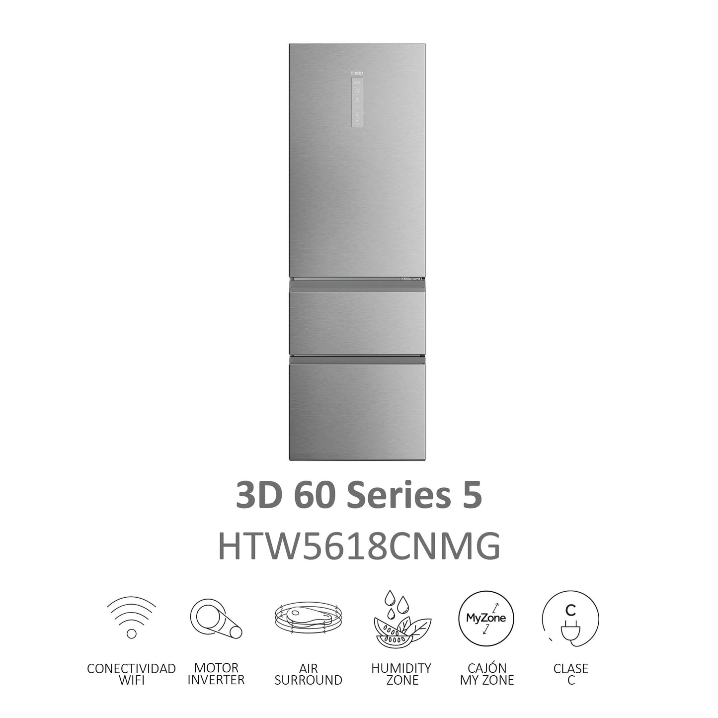 Haier 3D 60 Series 5 HTW5618CNMG - Frigorífico Combi, Cajones Direct Access, Circular AirFlow, WIFI, Tecnología ABT, Motor Inverter, My Zone, Humidity Zone, TotalNoFrost, An 60cm, 360L, Luz LED, Inox