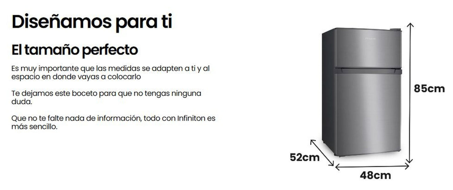 INFINITON | Frigorifico FG-A82I2P | Dos Puertas | Capacidad 85 L | Descongelación DEFROST | Alto 85 Cm | Clase Energética A+ /F | Temperatura Regulable | Color Inox |