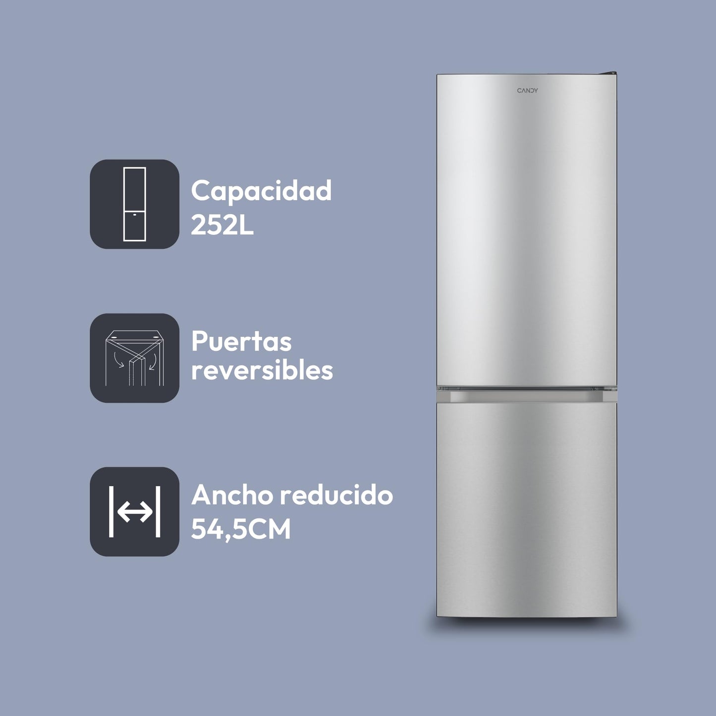 Candy CCG1S 518EX Frigorífico Combi, Ancho 55cm, Altura 1,80m, Capacidad 252L, Cajón Verdulero, Control Mecánico de la temperatura, Iluminación LED, Puerta Reversible, 41DB, Inox