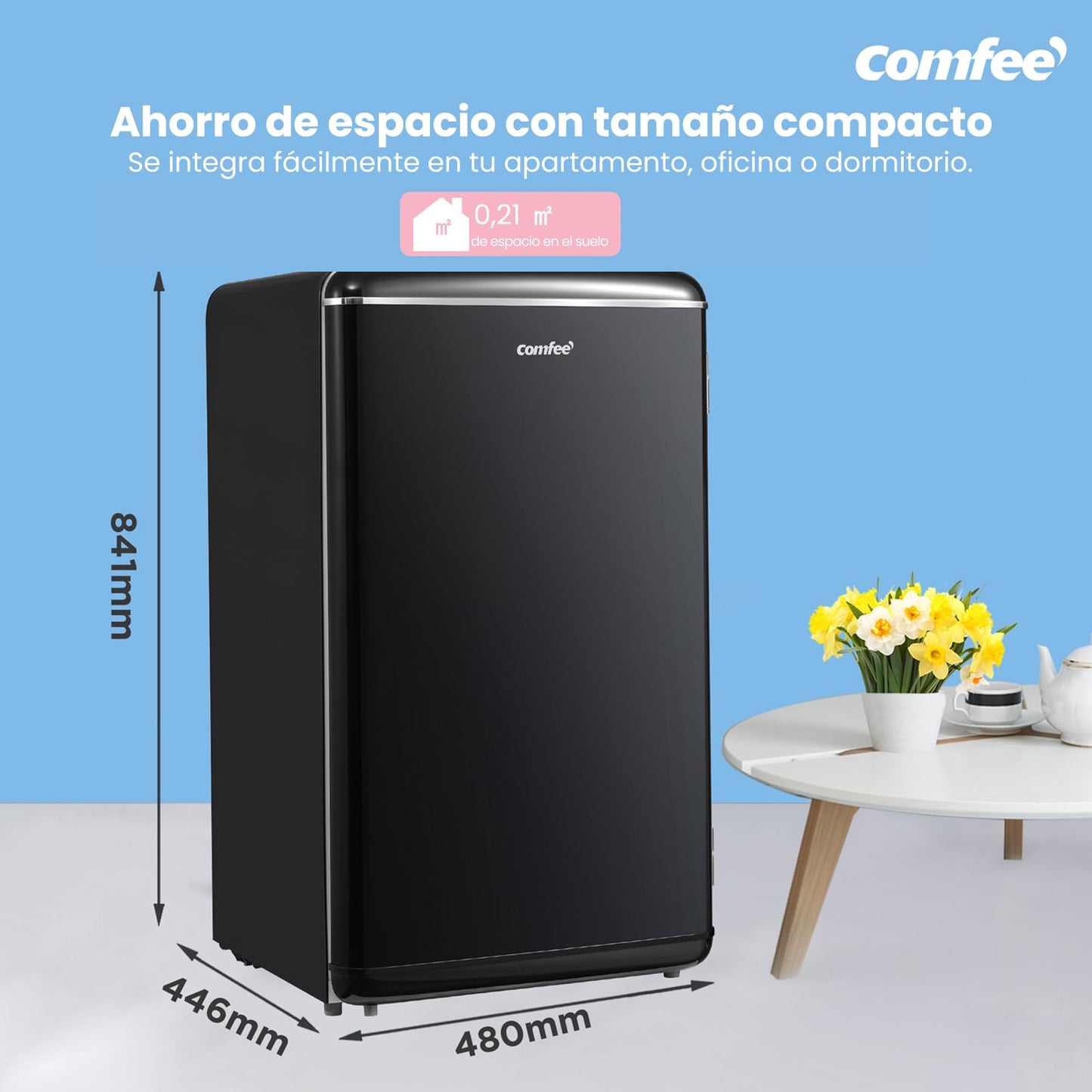 Comfee' RCD93BL2EURT(E) Refrigerador Bajo Encimera, 93L, Refrigerador Retro Independiente con Compartimento Enfriador, Termostatos Ajustables, Luz LED, Negro