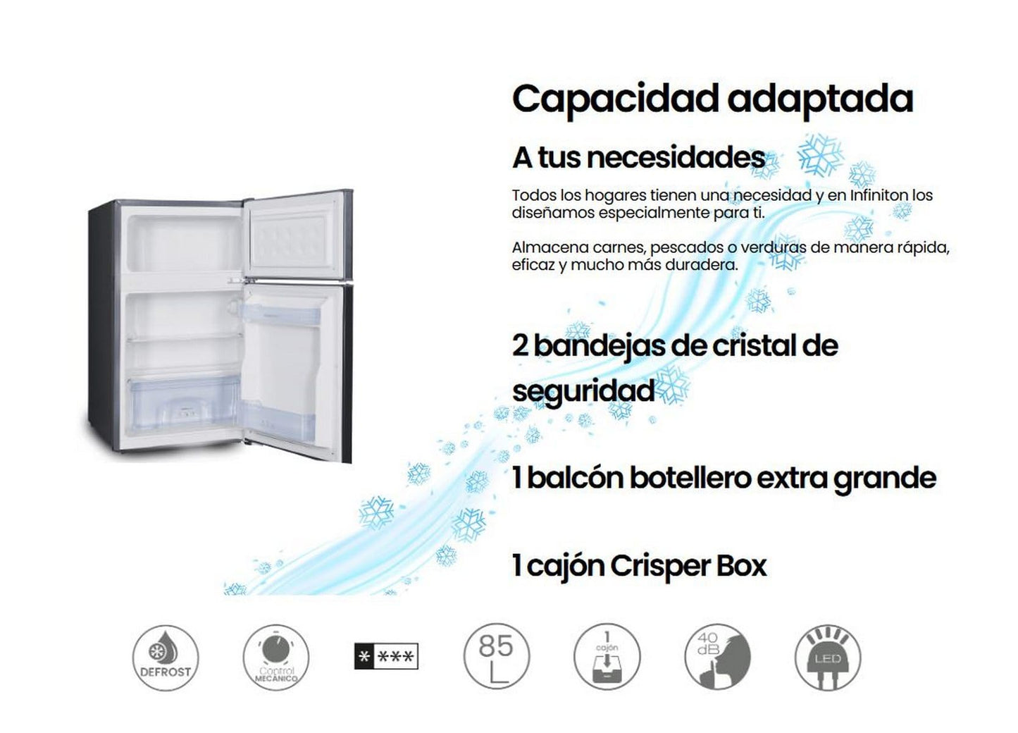 INFINITON | Frigorifico FG-A82I2P | Dos Puertas | Capacidad 85 L | Descongelación DEFROST | Alto 85 Cm | Clase Energética A+ /F | Temperatura Regulable | Color Inox |