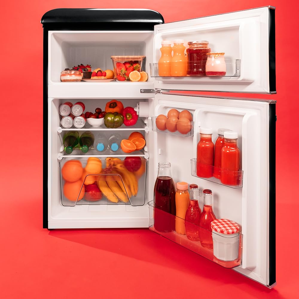 Cecotec Nevera Pequeña Frigorífico 2 Puertas Retro 86L Bolero CoolMarket 2D Origin 86 Black E. 89,3cm de Alto y 48,7cm de Ancho, Clase Energética E, Icebox, Luz Interior y Tirador Cromado, Negro