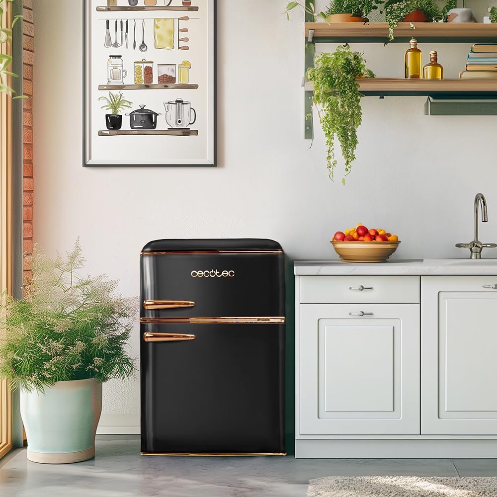 Cecotec Nevera Pequeña Frigorífico 2 Puertas Retro 86L Bolero CoolMarket 2D Origin 86 Black E. 89,3cm de Alto y 48,7cm de Ancho, Clase Energética E, Icebox, Luz Interior y Tirador Cromado, Negro