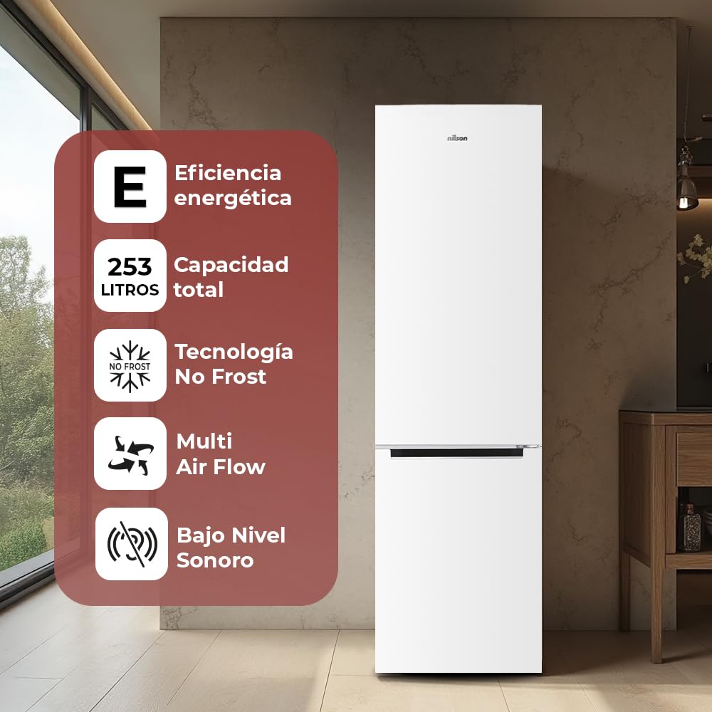 NILSON Frigorífico Combi Blanco, 2 Puertas. NC185500ENF, Capacidad 253 Litros, No Frost, Multi Air Flow, Bajo Nivel Sonoro, Puerta Reversible, Clasificación Energética E