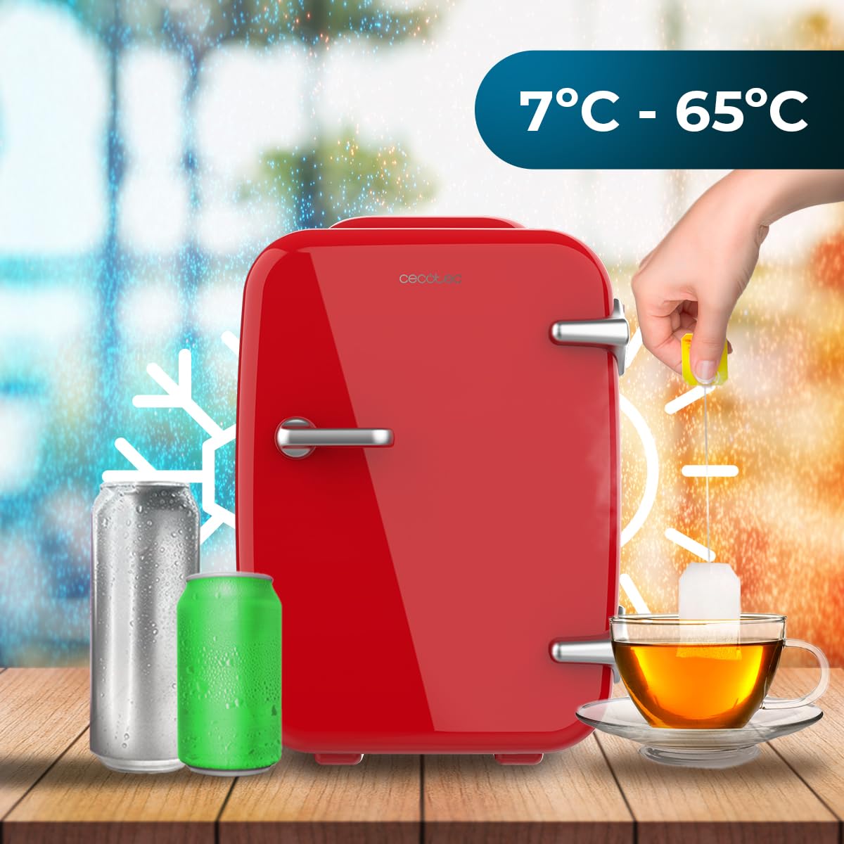 Cecotec Bolero MiniCooling Mini Nevera 4L Roja, 12V-220V, para Coche y Caravana, Función Enfriamiento y Calentamiento, 7-65