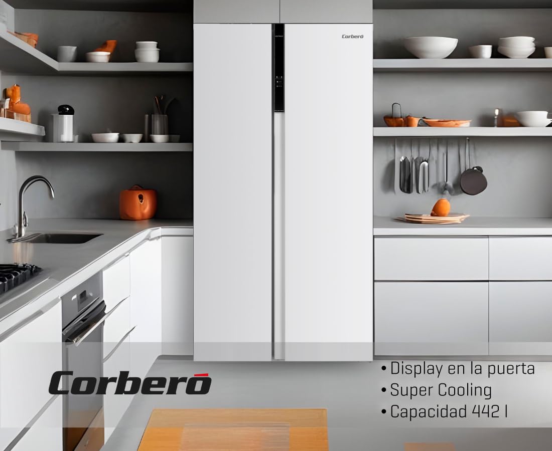 Corbero - Frigorífico Americano CFSBSH634NFW | 442LNo Frost | Inverter | Display en Puerta | Luz LED | 2 Cajones | Función ECO | Estantes de Cristal | Silver Trim | 39 dB | Blanco