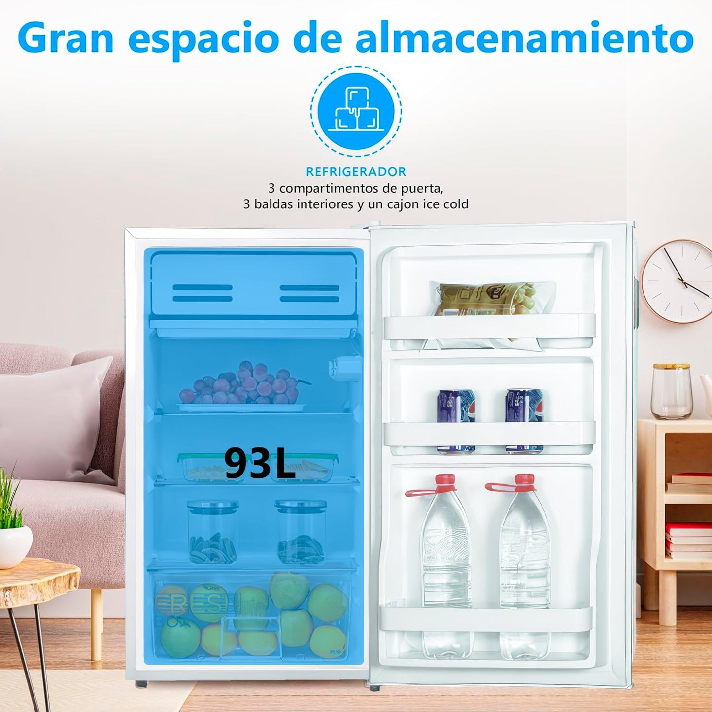 Midea Nevera Pequeña 93L - Mini Frigorífico Compacto para Hogar y Oficina - Frigorífico Pequeño Bajo Consumo Sin Congelador - Mini Bar Silencioso para Caravana y Camping con Zona fría de 0º/-3º