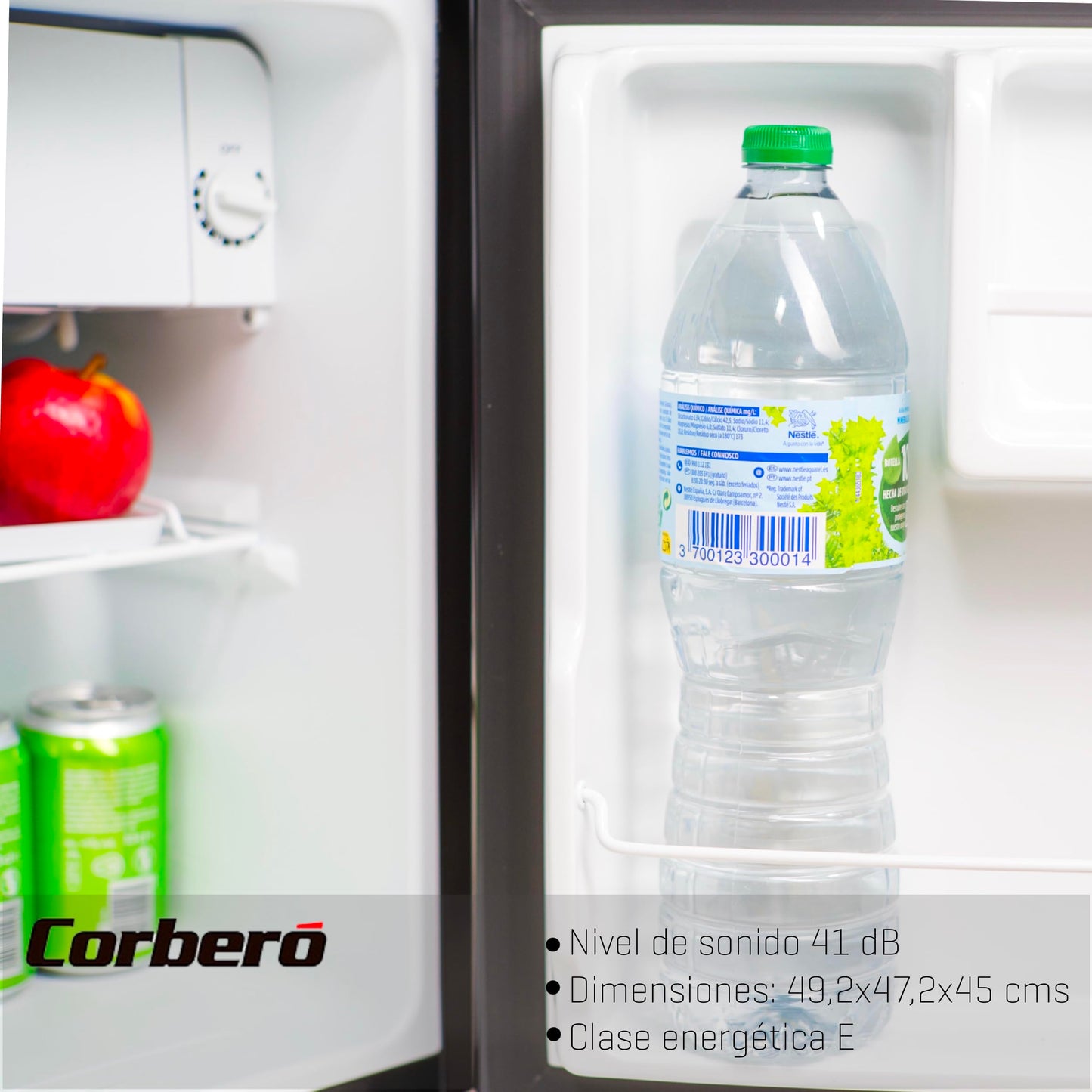 Corberó Mini Bar 43L Negro, Estático, Rango de Temperatura 1-10 ºC, Puerta Reversible, Bajo Ruido 41 dB, Clase Energética E
