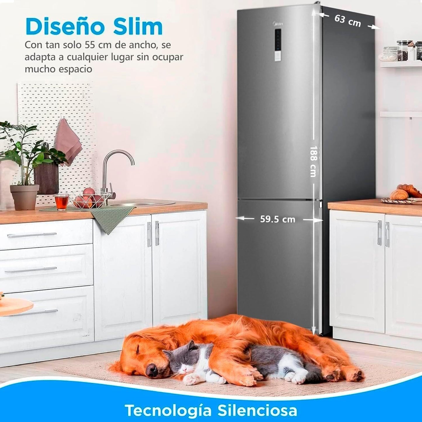 Midea Frigorífico Combi No Frost | 60 cm ancho x 188 alto cm | Inox | Nevera libre instalación 224 L + 86 L Congelador - Refrigerador de bajo consumo con congelador vertical