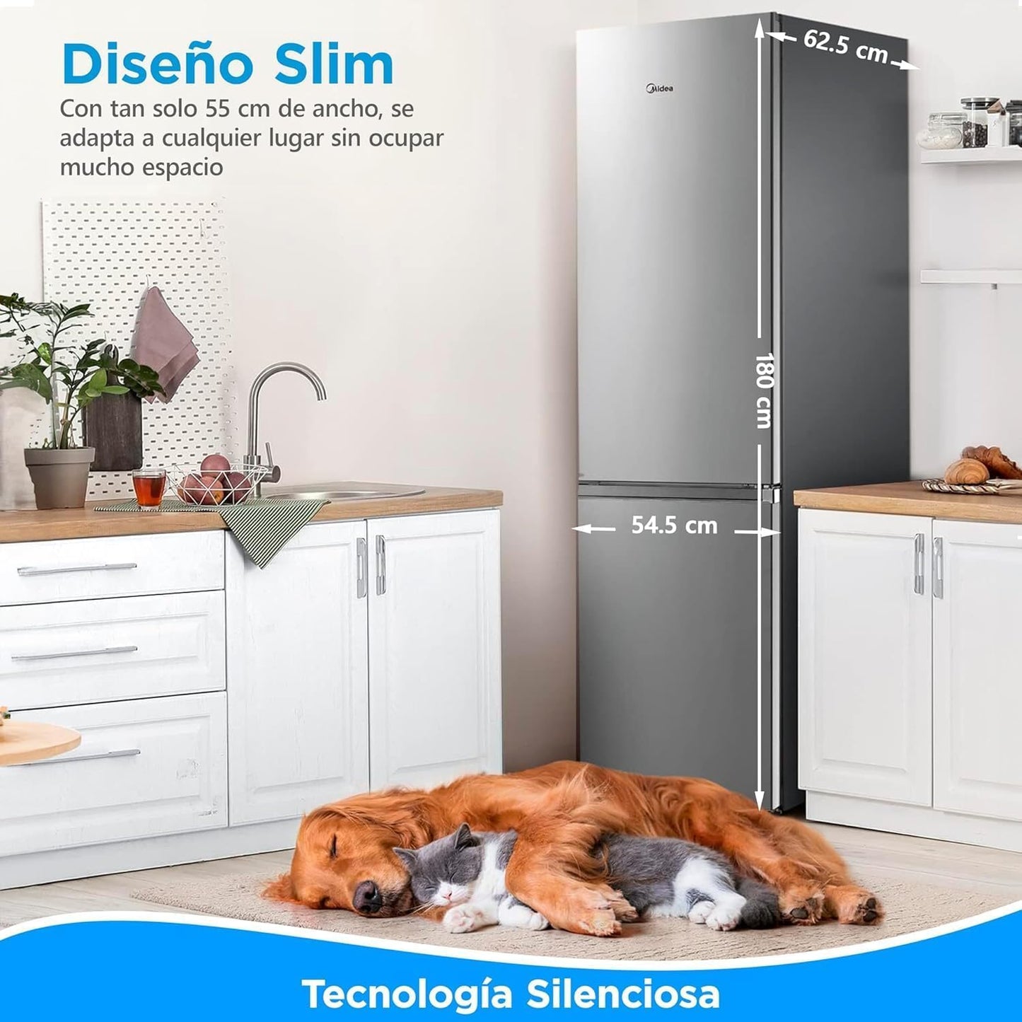 Midea Frigorifico Combi No Frost | 55 cm ancho x 180 cm | Inox | 270L de Capacidad - Nevera Libre Instalación con Congelador Vertical - Refrigerador de Bajo Consumo con Sistema Multi Air Flow