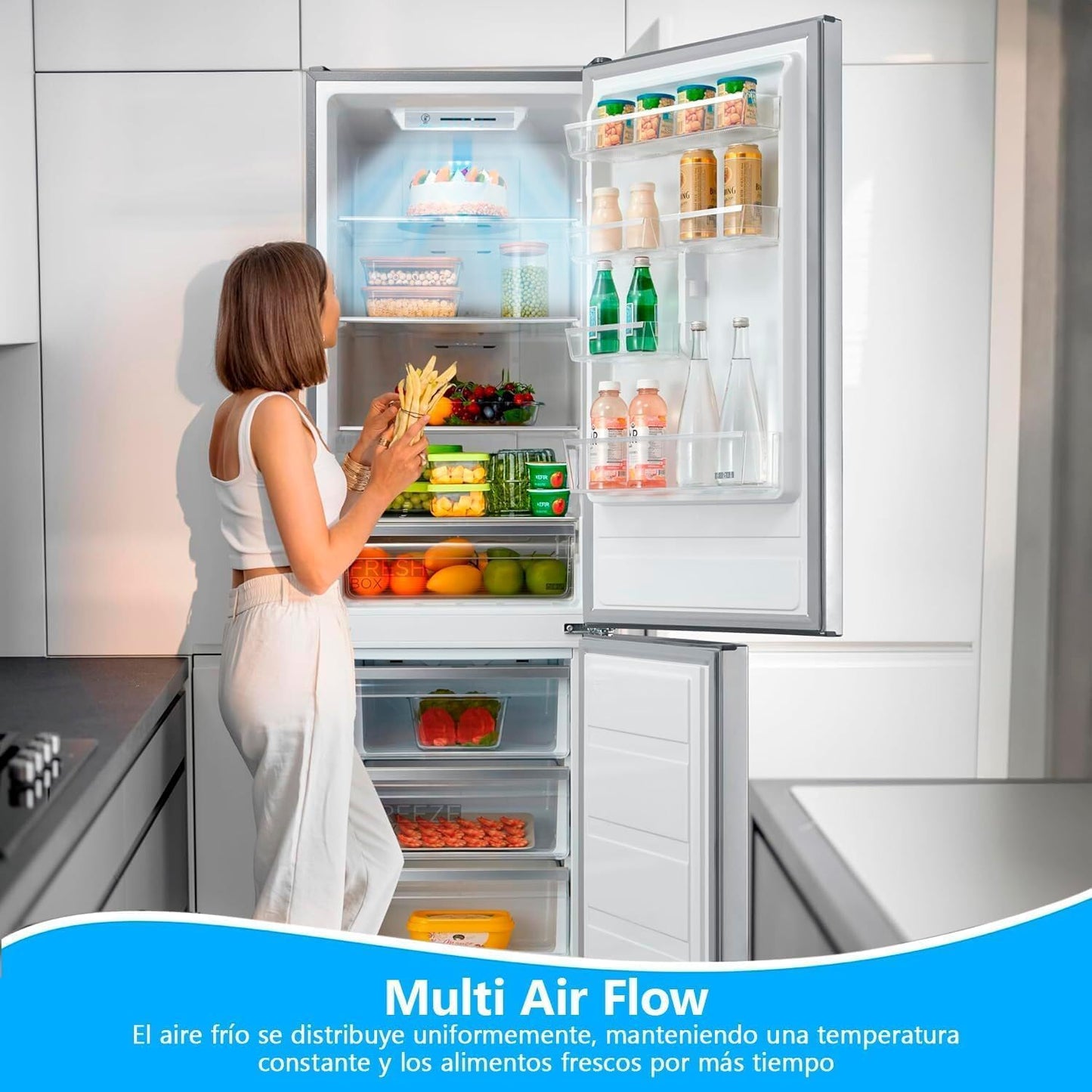 Midea Frigorifico Combi No Frost | 55 cm ancho x 180 cm | Inox | 270L de Capacidad - Nevera Libre Instalación con Congelador Vertical - Refrigerador de Bajo Consumo con Sistema Multi Air Flow