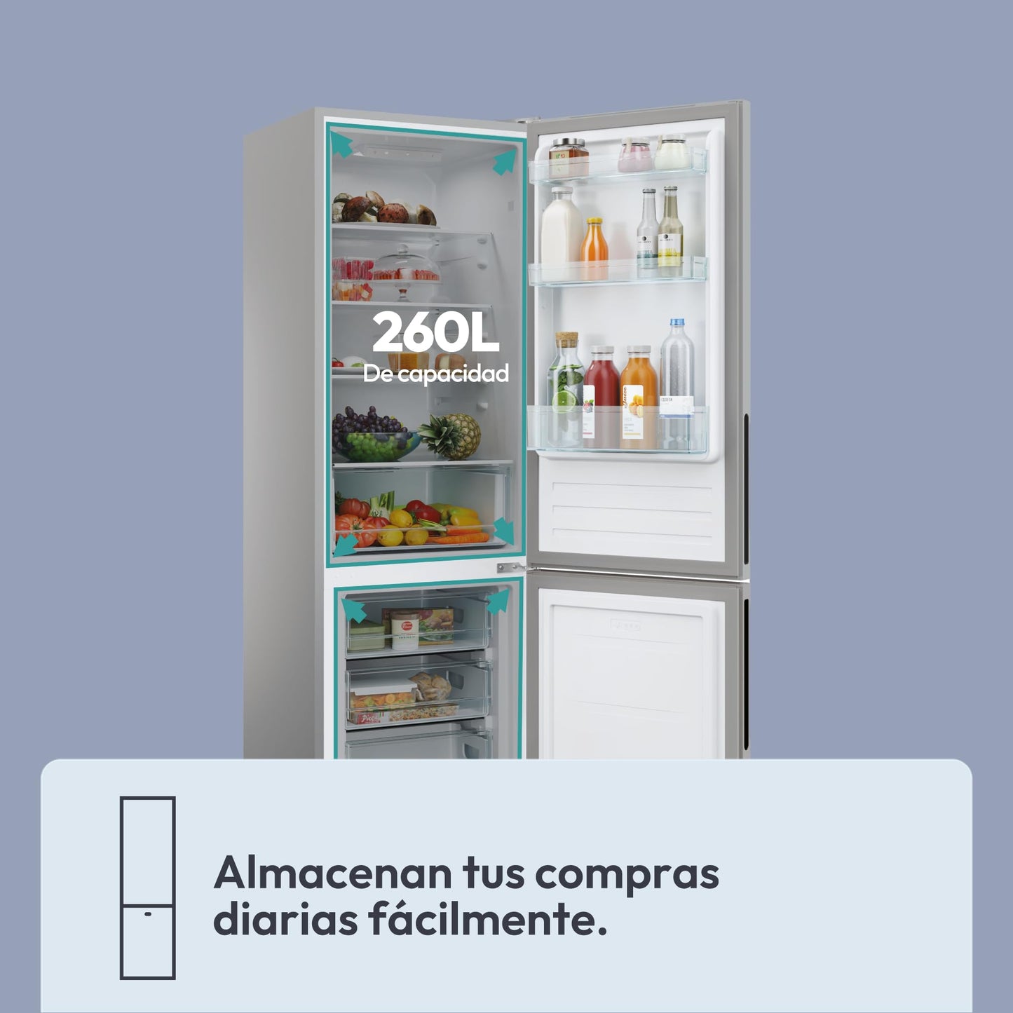 Candy CCT3L517ES, Frigorífico Combi, 55CM, Altura 1,77m, 260L, Low Frost, Función SuperCool, Cajón Verdulero, Control electrónico interno, LED, Puertas Reversibles, 39DB, Silver