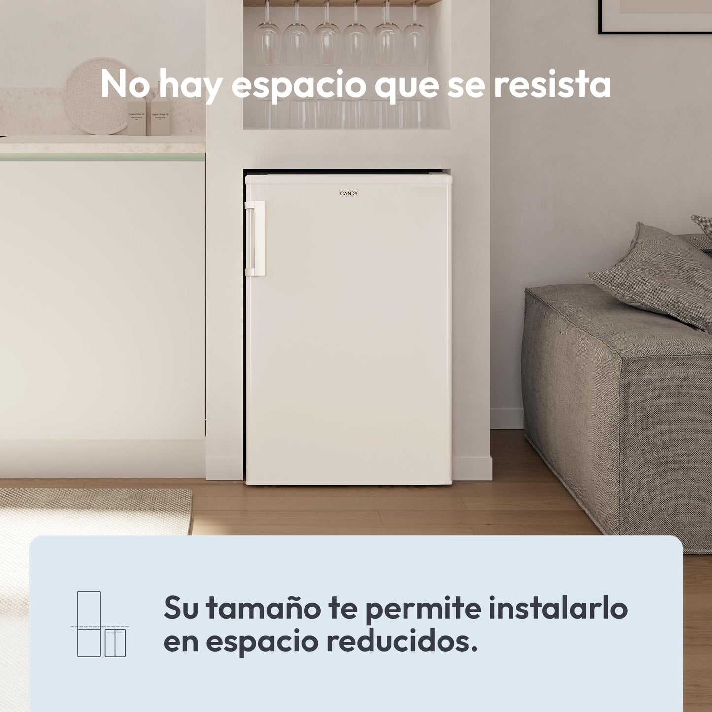 Candy CCTLS 544WHN - Frigorífico Mini, Bajo Encimera, Alto 85cm, Capacidad 125L, Tecnología Estática, Cajón Verdulero, Control Temperatura Mecánico, Iluminación LED, Puerta Reversible, 40DB, Blanco