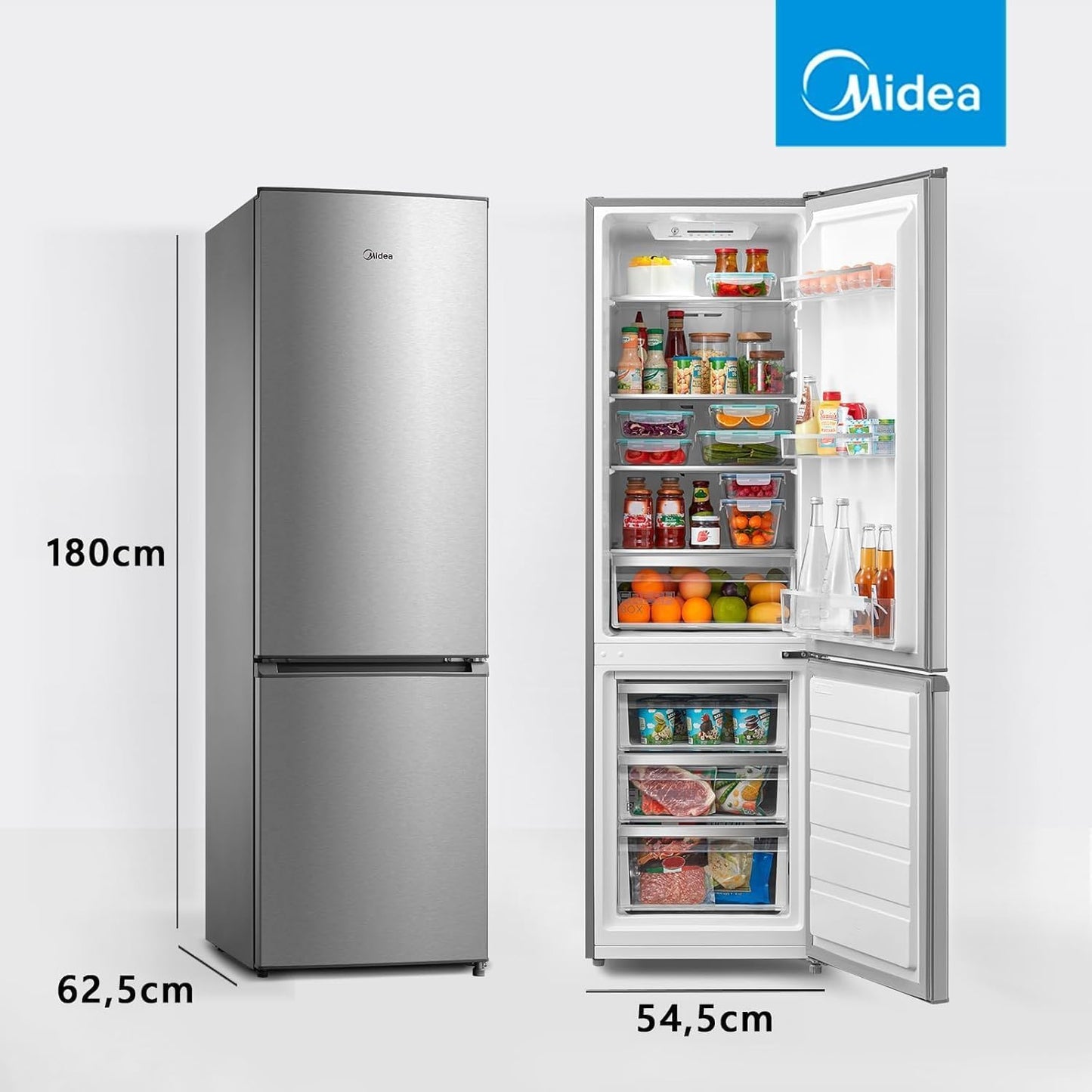 Midea Frigorifico Combi No Frost | 55 cm ancho x 180 cm | Inox | 270L de Capacidad - Nevera Libre Instalación con Congelador Vertical - Refrigerador de Bajo Consumo con Sistema Multi Air Flow