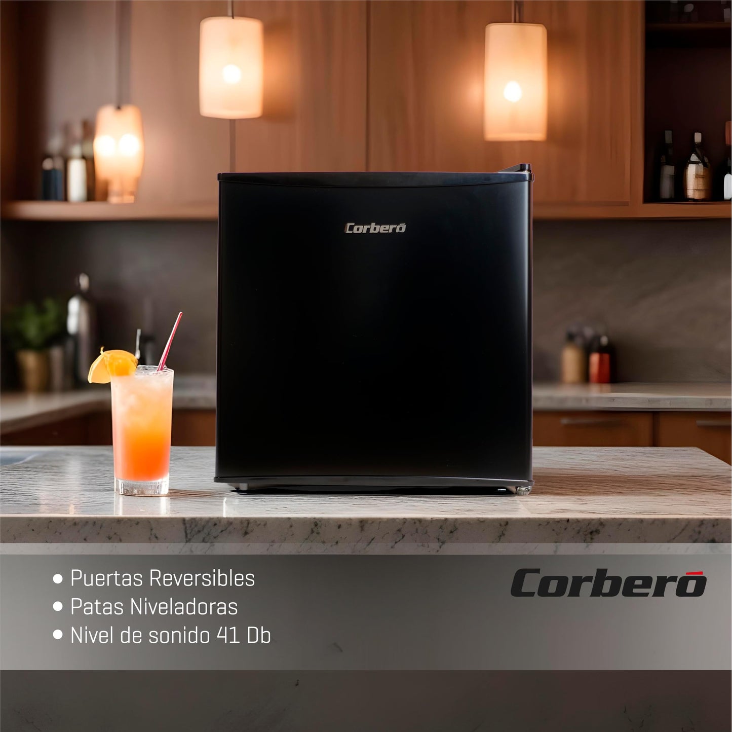 Corberó Mini Bar 43L Negro, Estático, Rango de Temperatura 1-10 ºC, Puerta Reversible, Bajo Ruido 41 dB, Clase Energética E