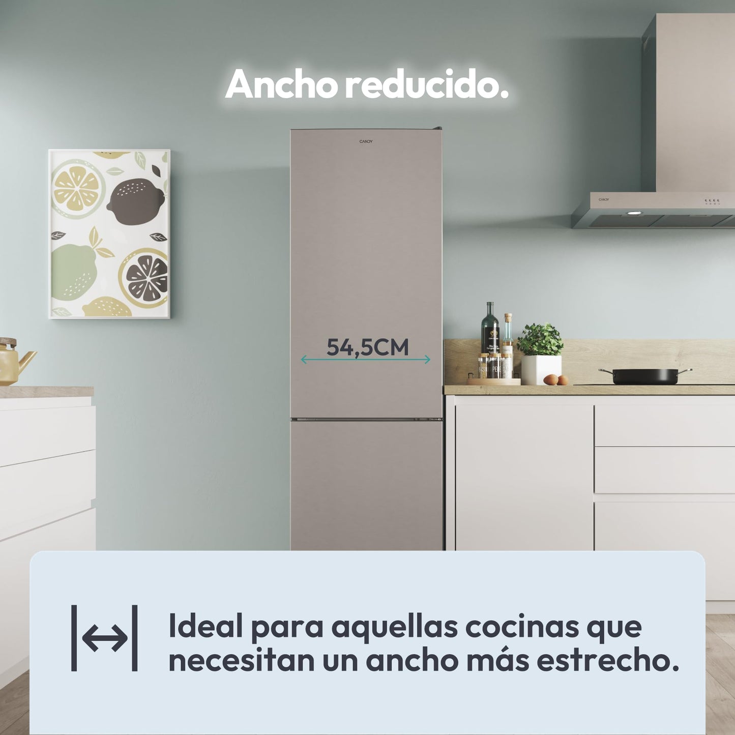 Candy CCT3L517ES, Frigorífico Combi, 55CM, Altura 1,77m, 260L, Low Frost, Función SuperCool, Cajón Verdulero, Control electrónico interno, LED, Puertas Reversibles, 39DB, Silver