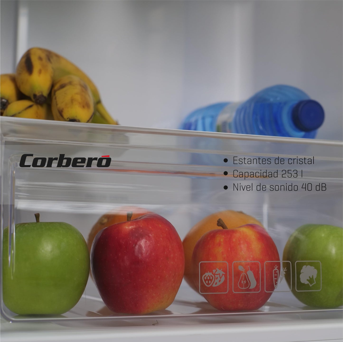 Corbero - Frigorífico Combi No Frost | CCH18024X | 253L | 60x54,5x181 | Luz LED | Crisper | Estantes de Cristal | 40 Db | Blanco