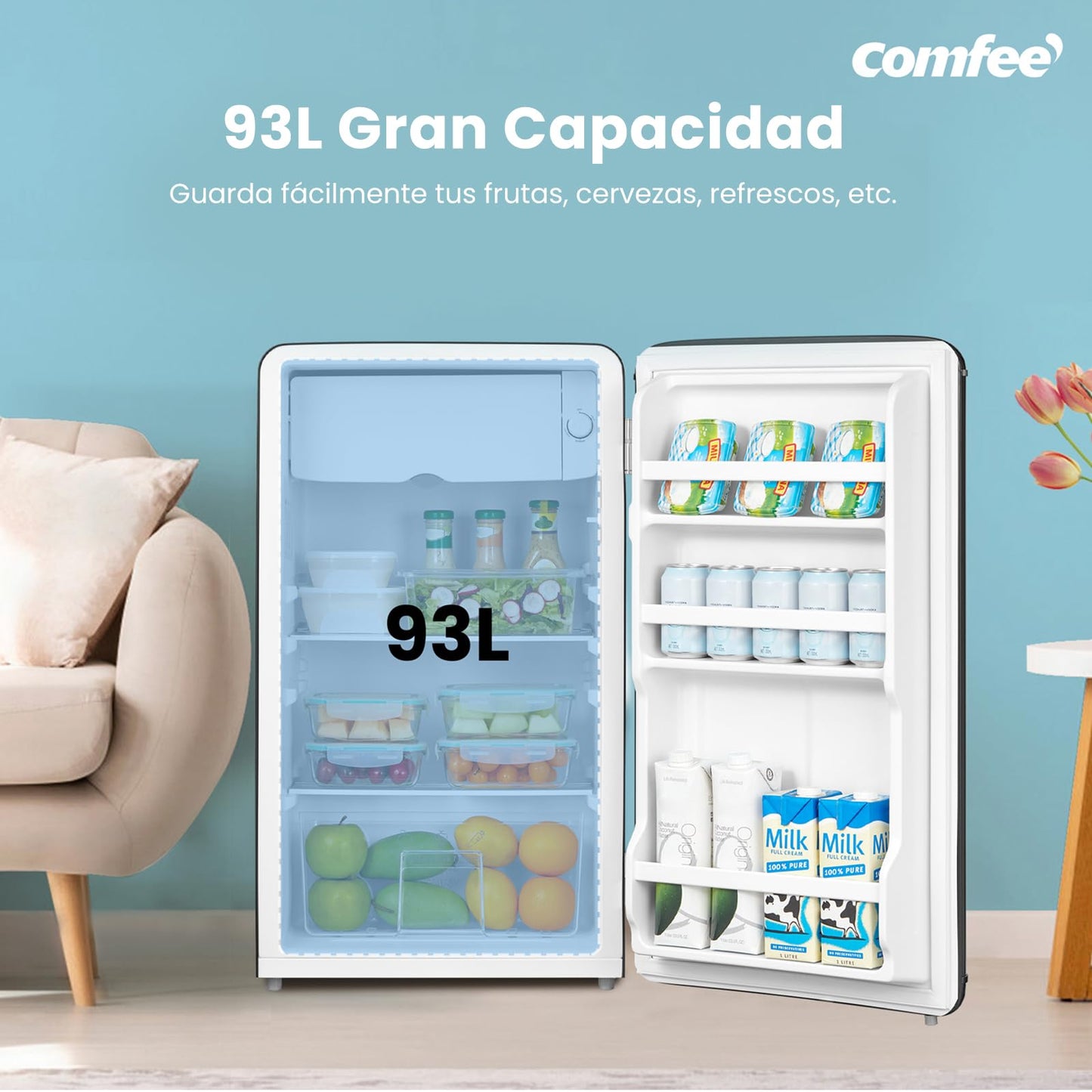 Comfee' RCD93BL2EURT(E) Refrigerador Bajo Encimera, 93L, Refrigerador Retro Independiente con Compartimento Enfriador, Termostatos Ajustables, Luz LED, Negro