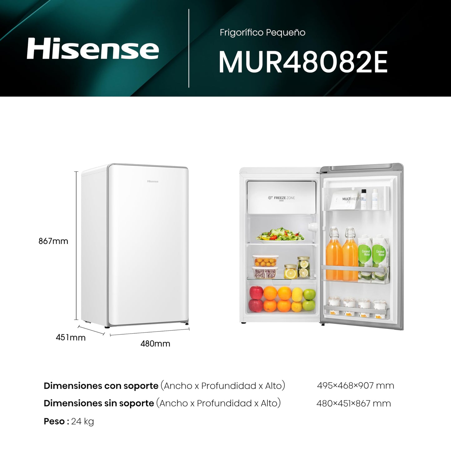 Hisense MUR48082E- Frigorífico Una Puerta, Table Top, Congelador, Class E, Capacidad 82L con 87 cm Alto, Congelador Freeze Zone, Cajón frutas y verduras, Silencioso 36 dBA, Color Blanco