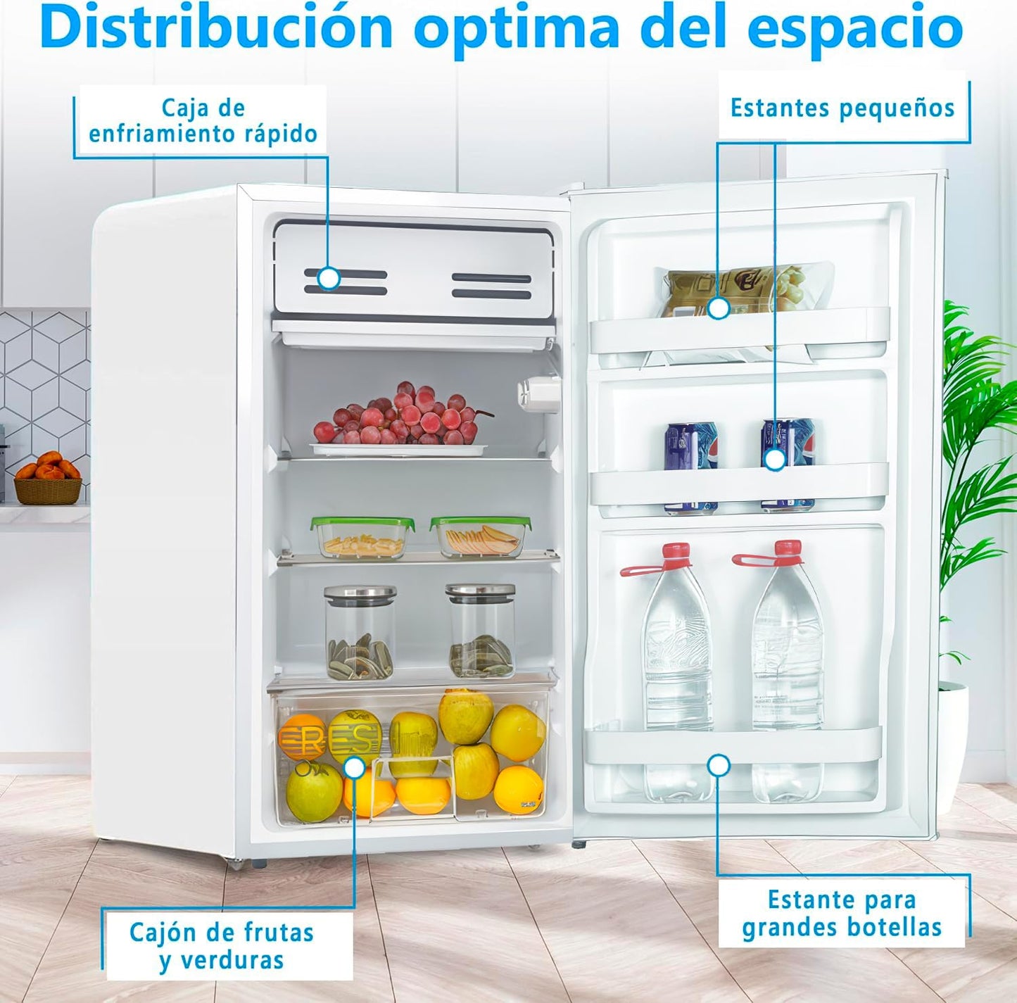 Midea Nevera Pequeña 93L - Mini Frigorífico Compacto para Hogar y Oficina - Frigorífico Pequeño Bajo Consumo Sin Congelador - Mini Bar Silencioso para Caravana y Camping con Zona fría de 0º/-3º